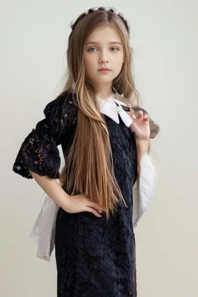 Kız Çocuk Cepli Blazer Ceket Dantelli Çiçek Işlemeli Bebe Yakalı Siyah Elbise - Resim 7