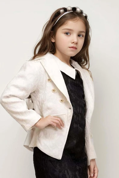 Kız Çocuk Cepli Blazer Ceket Dantelli Çiçek Işlemeli Bebe Yakalı Siyah Elbise - Resim 6