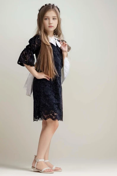 Kız Çocuk Cepli Blazer Ceket Dantelli Çiçek Işlemeli Bebe Yakalı Siyah Elbise - Resim 5