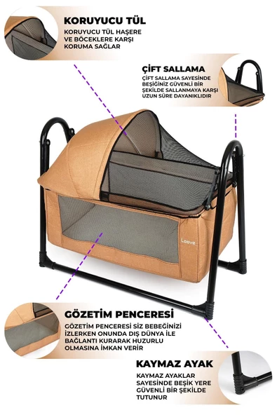 Smoll Metal Sallanır Beşik Kahverengi Keten Kumaşlı - 2