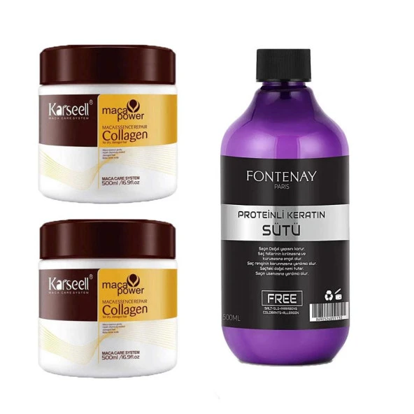 Fontenay Karseell Collagen SaçMaskesi&BuğdayProtein 500 ml X2 + Proteinli Keratin Sütü 500 Ml 3'Lü Set