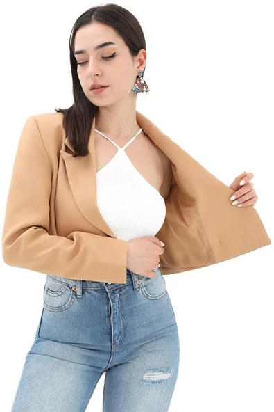 Crop Blazer Kısa Ceket - Camel - Resim 6
