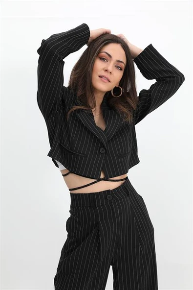 Ceket Kısa Vatkalı Fleto Cepli Çizgili - Siyah - Resim 2