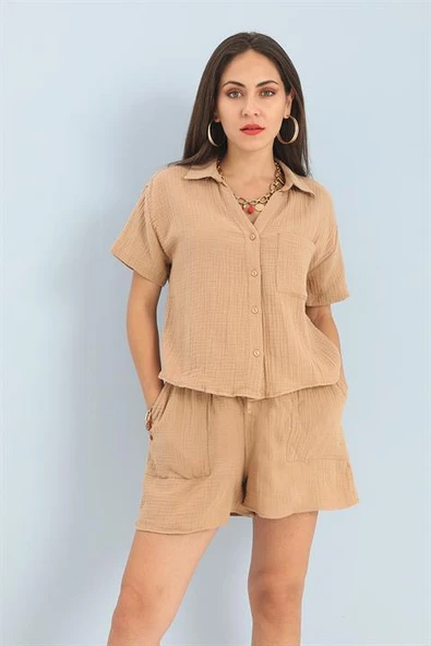 Takım Müslin Gömlek Şort - Vizon - Resim 2