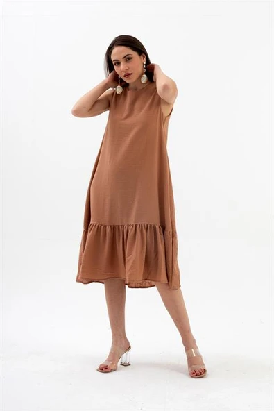 Kristal Keten Kolsuz Kadın Salaş Elbise - Vizon - Resim 6