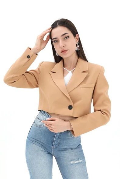 Crop Blazer Kısa Ceket - Camel ürün görseli 1