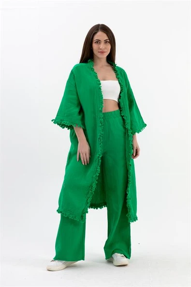 Püsküllü Keten Takım - Yeşil ürün görseli 1