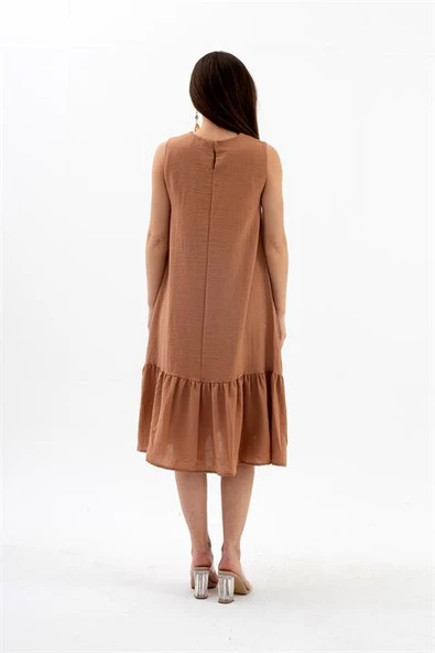 Kristal Keten Kolsuz Kadın Salaş Elbise - Vizon - Resim 8