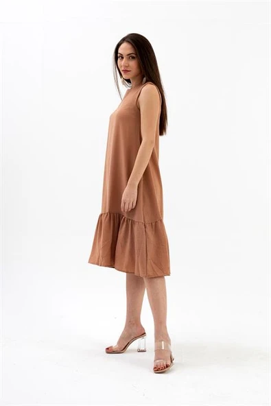 Kristal Keten Kolsuz Kadın Salaş Elbise - Vizon - Resim 5