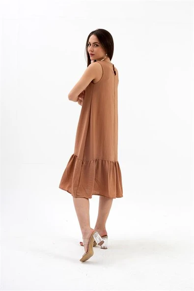 Kristal Keten Kolsuz Kadın Salaş Elbise - Vizon - Resim 7