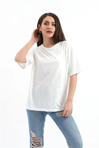 Bisiklet Yaka Halka Ve Boncuk Detaylı T-shirt - Ekru - Resim 3