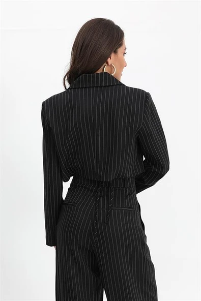 Ceket Kısa Vatkalı Fleto Cepli Çizgili - Siyah - Resim 5