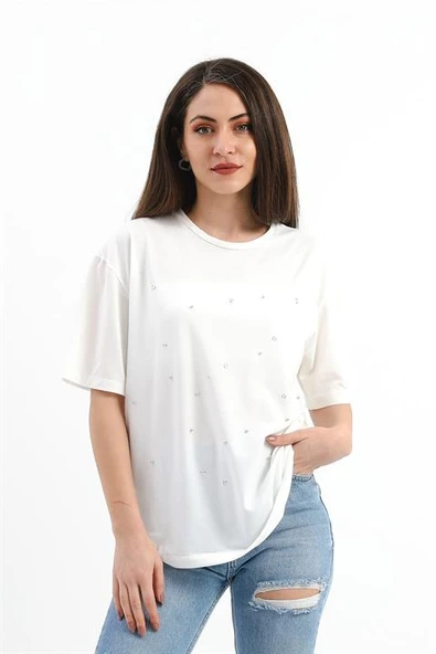 Bisiklet Yaka Halka Ve Boncuk Detaylı T-shirt - Ekru - Resim 2