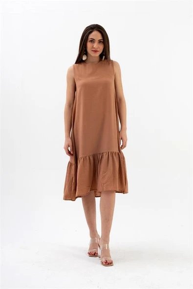 Kristal Keten Kolsuz Kadın Salaş Elbise - Vizon - Resim 2