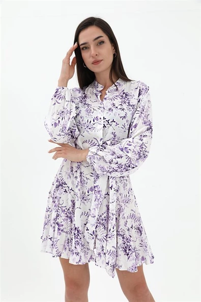 Eteği Volanlı Viskon Elbise - Lila - Resim 3