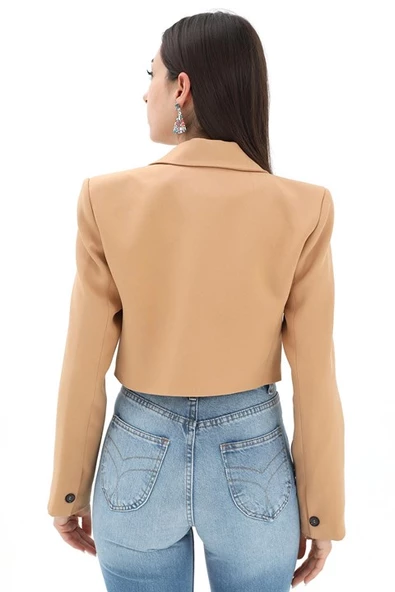 Crop Blazer Kısa Ceket - Camel - Resim 7