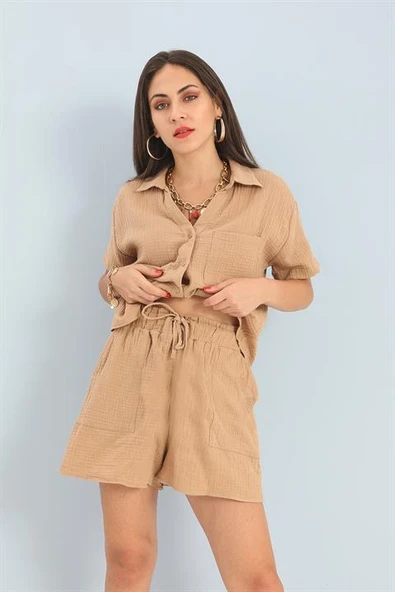 Takım Müslin Gömlek Şort - Vizon - Resim 3