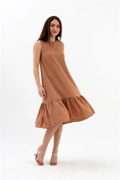 Kristal Keten Kolsuz Kadın Salaş Elbise - Vizon ürün görseli