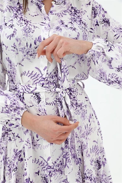 Eteği Volanlı Viskon Elbise - Lila - Resim 7