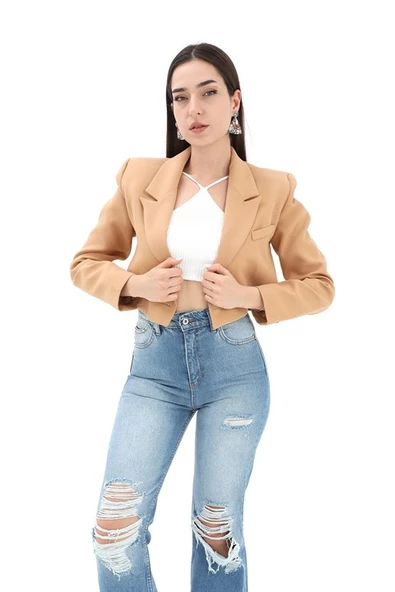 Crop Blazer Kısa Ceket - Camel - Resim 2