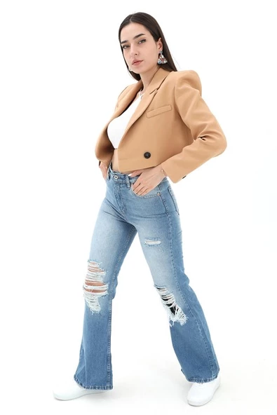 Crop Blazer Kısa Ceket - Camel - Resim 3