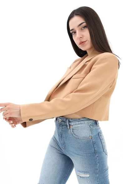 Crop Blazer Kısa Ceket - Camel - Resim 5