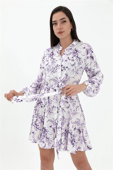 Eteği Volanlı Viskon Elbise - Lila - Resim 4