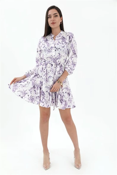 Eteği Volanlı Viskon Elbise - Lila - Resim 2