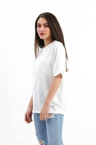 Bisiklet Yaka Halka Ve Boncuk Detaylı T-shirt - Ekru - Resim 4