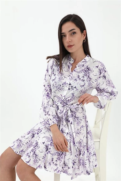 Eteği Volanlı Viskon Elbise - Lila ürün görseli 1