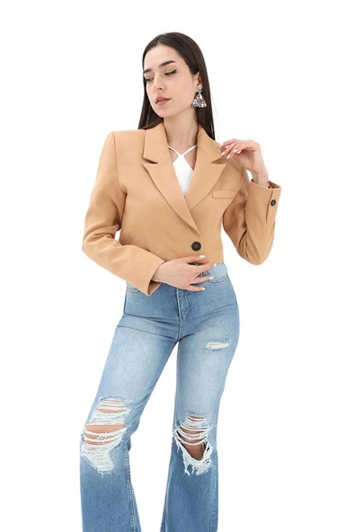 Crop Blazer Kısa Ceket - Camel - Resim 4