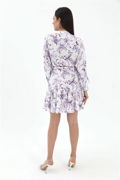 Eteği Volanlı Viskon Elbise - Lila - Resim 6