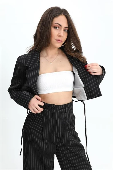 Ceket Kısa Vatkalı Fleto Cepli Çizgili - Siyah - Resim 3