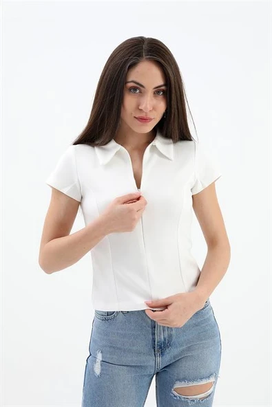 Yakalı Kısa Kol Yarım Fermuarlı Tshirt - Ekru - Resim 2