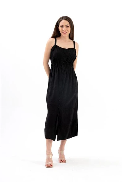 Askılı Önü Düğmeli Yırtmaçlı Keten Elbise - Siyah ürün görseli 1