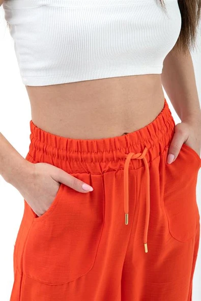 Geniş Kemerli Bol Paça Düz Keten Kadın Pantolon - Oranj - Resim 3