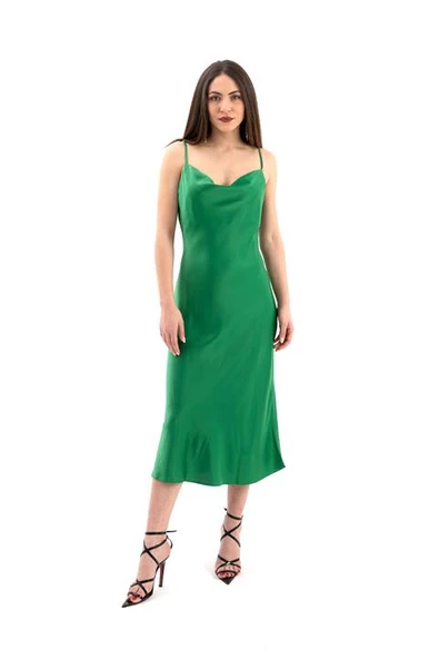 Ayarlanabilir Askılı Saten Elbise - Yeşil - Resim 2