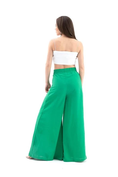 Geniş Kemerli Bol Paça Düz Keten Kadın Pantolon - Yeşil - Resim 6