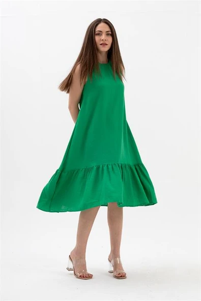 Kristal Keten Kolsuz Kadın Salaş Elbise - Yeşil - Resim 5