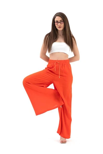 Geniş Kemerli Bol Paça Düz Keten Kadın Pantolon - Oranj ürün görseli 1