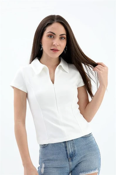 Yakalı Kısa Kol Yarım Fermuarlı Tshirt - Ekru ürün görseli 1