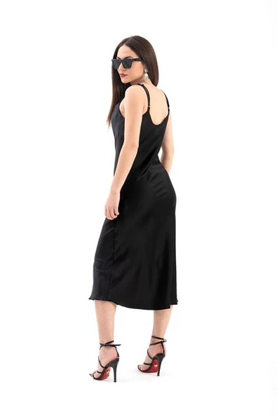 Ayarlanabilir Askılı Saten Elbise - Siyah - 4