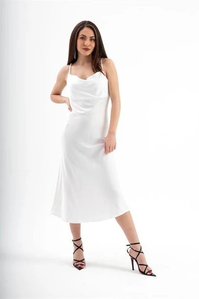 Ayarlanabilir Askılı Saten Elbise - Ekru ürün görseli 1