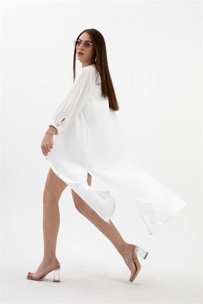 Truvakar Kol Önü Düğmeli Cepli Keten Elbise - Ekru - Resim 2