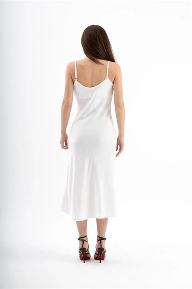 Ayarlanabilir Askılı Saten Elbise - Ekru - Resim 5