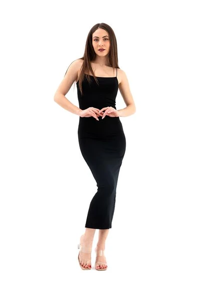 İnce Askılı Uzun Elbise - Siyah - Resim 6