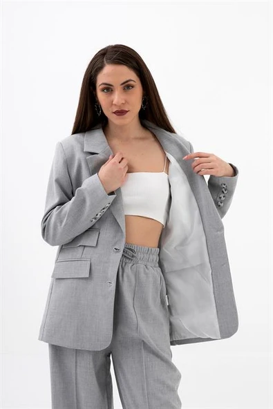 Üç Cep Kapaklı Kolu Arma Detaylı Poliviskon Ceket - Koyu Gri - Resim 4