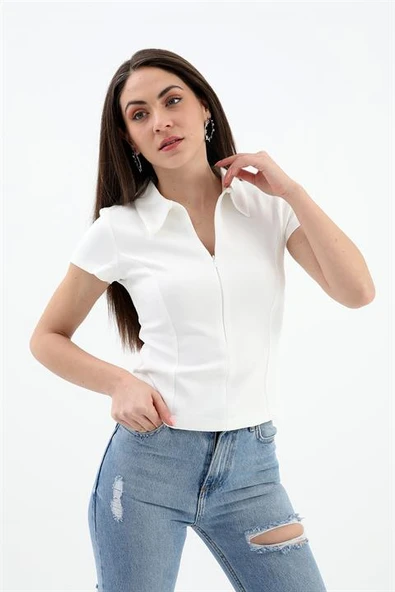 Yakalı Kısa Kol Yarım Fermuarlı Tshirt - Ekru - Resim 4