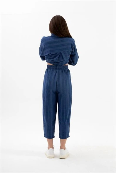 Krinkıl Kumaş Keten İkili Takım - İndigo - Resim 4