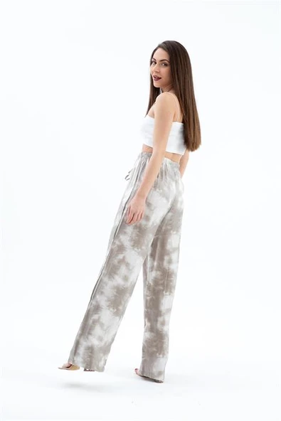 Beli Lastikli Batik Desen Parlak Kumaş Pantolon - Bej - Resim 4